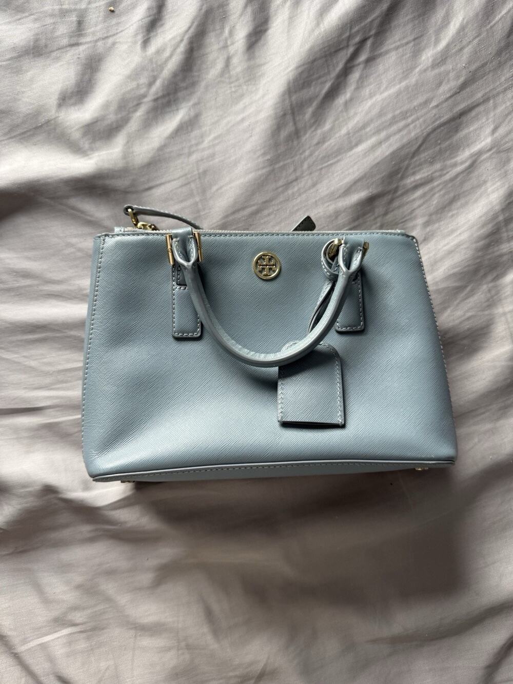 Tory Burch Robinson Double Zip Tote Crossbody Blue Saffiano Leather $495 Dustbag